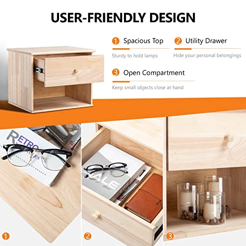VINGLI Unfinished Natural Solid Wood Floating Nightstand for Bedroom, Small Nightstand with Drawer/Shelf, Farmhouse Night Stand Wall-Mounted VINGLI