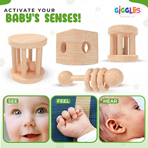 Giggles Montessori Toys for Babies 0-6 Months, Wooden Baby Toy Rattle,  Teether, Teethers, Teething for Babies, Natural Wood, Baby Toys, Infant  Circle