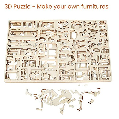 BOHS 34-Piece Dollhouse Furniture Set - Laser Cut Wooden 3D Puzzles - Miniature Doll House DIY Models and Accessories