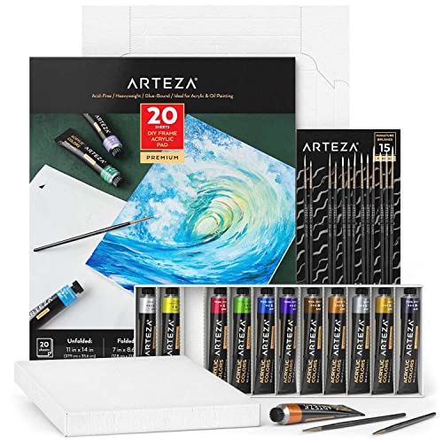 Arteza Metallic Acrylic Painting Art Set, 12 Colors Acrylic Paint, 15 Detail Brushes and 7x8.6 Inches Foldable Canvas Paper Pad Bundle, Art Supplies ARTEZA