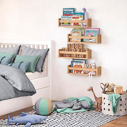 Set of 4 Natural Wood Floating Book Shelves for Nursery and Kids' Rooms