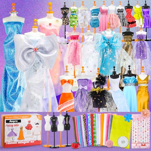 Anpro 700+Pcs Fashion Designer Kit for Girls with 4 Mannequins, DIY Arts & Crafts Kit for Girls Age 6-12 Toys, Doll Clothes Making Sewing Kit - - WoodArtSupply