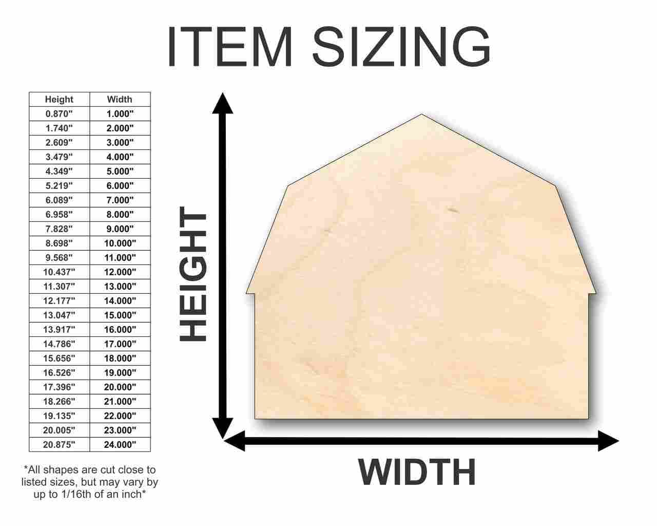 Unfinished Wood Barn Farm Shape - Craft - up to 24" DIY 5" / 1/4" 24 Hour Crafts