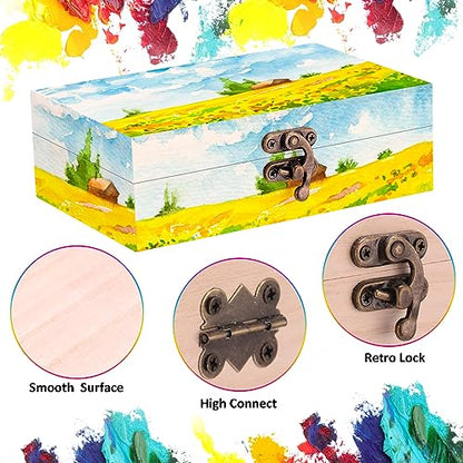 Barydat 24 Pcs 6 x 4 x 2 Unfinished Wood Box with 10 Paintbrushes Wood Treasure Chest Mini Wooden Boxes for Crafts Wooden Storage Box with Hinged Lid