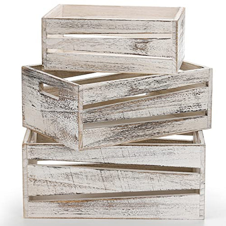 AVLA 3 Pack Wooden Storage Crates, Rustic Nesting Container Bin with Handles, Decorative Farmhouse Wood Basket, Vintage Wood Box Display Risers for AVLA