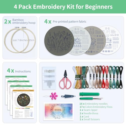 ETSPIL 4 Sets Embroidery Kit for Beginners ，Plant Kits for Adults Learn 33 Different Stitches，Includes Stamped Pattern, Easy to Follow Instruction & - WoodArtSupply