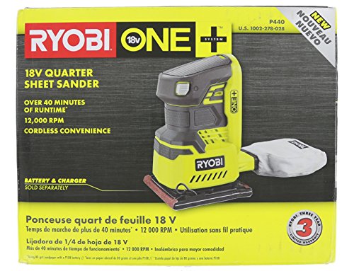 Ryobi P440 One+ 18V Lithium Ion 12,000 RPM 1/4 Sheet Palm Sander w/ Onboard Dust Bag and Included Sanding Pads (Battery Not Included, Power Tool