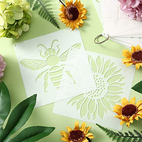 16 Pieces Flower Stencil for Painting Bee Sunflower Butterfly Spring Stencil Large Template Reusable Summer Painting Stencil and Metal Open Ring for Zonon