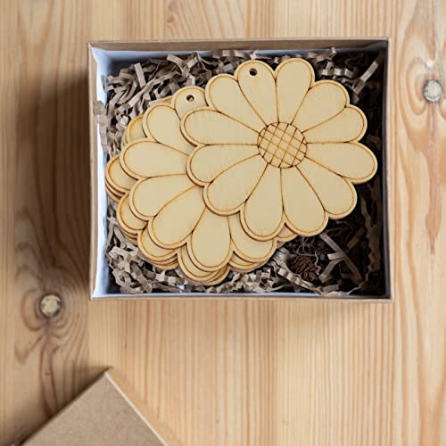 SEWACC Unfinished Wood Crafts 50 Sets Wooden Flower Cutouts Unfinished Flower Shapes Blank Wood Ornaments Flower Embellishments with Hemp Ropes for SEWACC