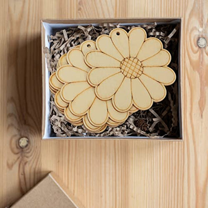 SEWACC Unfinished Wood Crafts 50 Sets Wooden Flower Cutouts Unfinished Flower Shapes Blank Wood Ornaments Flower Embellishments with Hemp Ropes for - WoodArtSupply