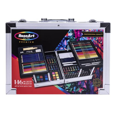 RoseArt Premium 146 Piece Art Set, Fold-out Metal Artist Case & Drawing Kit with Color Pencils, Oil Pastels, Acrylic Paints, Watercolor Cakes, Sketch RoseArt