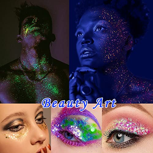 Glow in The Dark Glitter, SEISSO 12 Bottles Luminous Glitter with UV Flashlight Set, 10g/Bottle Chunky Glitter Powder for Resin Arts Crafts, Body SEISSO