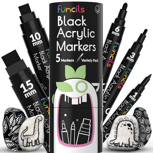 Funcils 5 Acrylic Black Paint Pen - Fine Tip, Thin Point & Jumbo Pens (1mm, 3mm, 6mm, 10mm, 15mm) - Black Paint Marker for Plastic, Canvas, Wood, Funcils