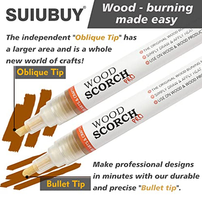 SUIUBUY Wood Burning Pen Tool - 2 PCS Scorch Pen Marker for Crafting & Stencil Wood Burning, Chemical Wood Burner Set with Oblique Tip and Bullet