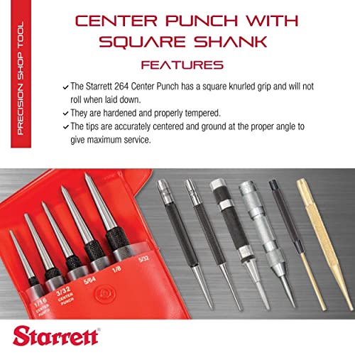 Starrett Steel Center Punch with Square Shank and Knurled Finger Grip - Hardened and Tempered, 5" Length, 1/4" Diameter Tapered Point, 7/16" Square Starrett