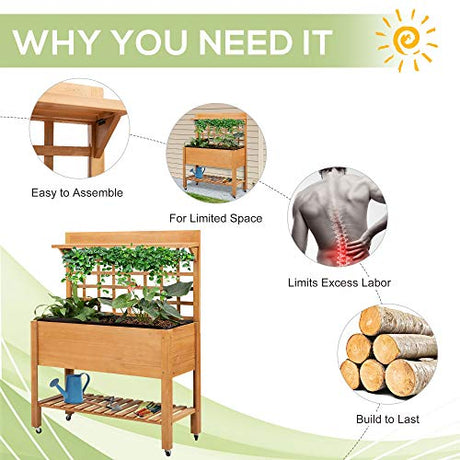 Outsunny 41" Raised Garden Bed with Trellis on Wheels, Wooden Elevated Planter Box with Legs and Bed Liner, for Flowers, Herbs & Vegetables, Brown Outsunny