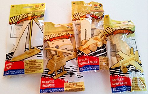 Woodshop DIY Wood Model Kits - Fighter Plane, Race Car, Helicopter (and Sailboat OR Pirate Ship) Kids Set of 4 Woodshop