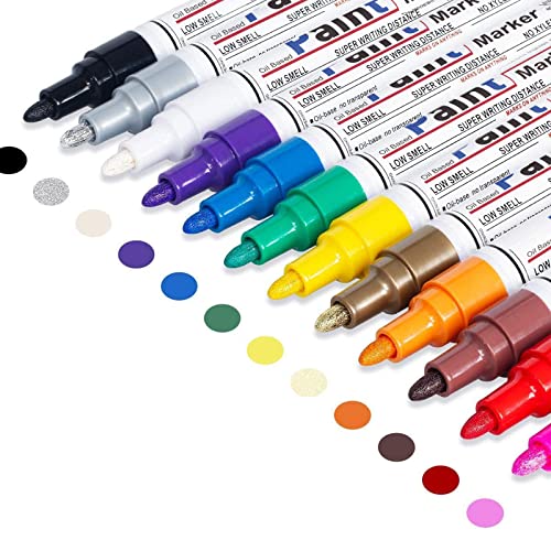 Oil Based Paint Pen, Permanent Paint Marker: Quick-Dry, Waterproof Paint Set of 12 for Rock Painting, Glass, Fabric, Ceramic, Wood, Metal, Mug, - WoodArtSupply