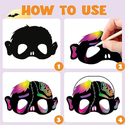 JOYIN 32 Pcs Halloween Mask Craft Kit for Kids, DIY Rainbow Scratch Art Masks for Halloween，Kids Magic Scratch Paper Animal Masks, Halloween Party - WoodArtSupply