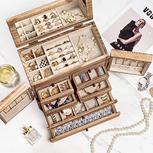 Jewelry Box for Women Wooden Jewelry Boxes & Organizers 5-Layer Rustic Latest Large Jewelry Organizer Box 2023 with Mirror & 8 Drawers for Rings Emfogo