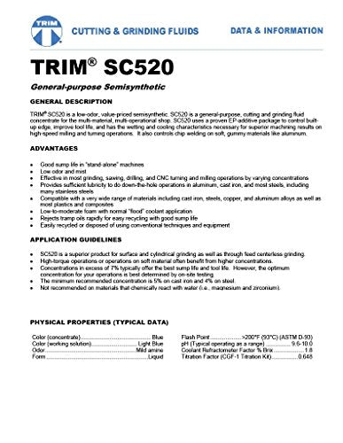 TRIM Cutting & Grinding Fluids SC520/1 General Purpose Semisynthetic Fluid Concentrate, 1 gal Jug - WoodArtSupply