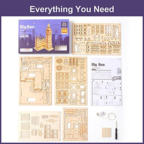 Rowood Big Ben 3D Wooden Puzzle Kit with LED for Adults and Teens Age 14+ RoWood