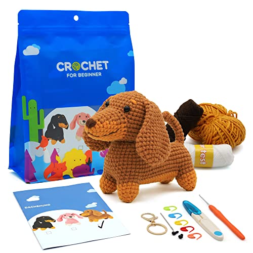 Nikolle Crochet Kit for Beginners with Step-by-Step Video Tutorials Crochet Animal Kit Crochet Starter Kits for Adults Kids - Dachshund(Brown) Nikolle
