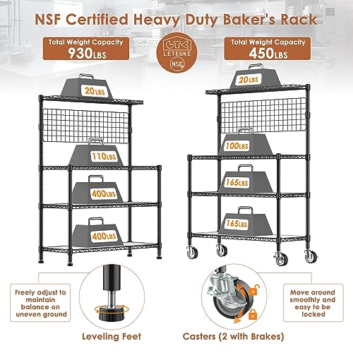 Leteuke NSF Certified 4-Tier Rolling Kitchen Bakers Rack with Adjustable Shelves and 20 S-Hooks Leteuke