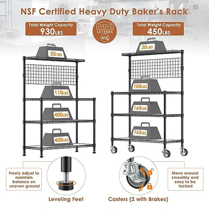 Leteuke NSF Certified 4-Tier Rolling Kitchen Bakers Rack with Adjustable Shelves and 20 S-Hooks - WoodArtSupply