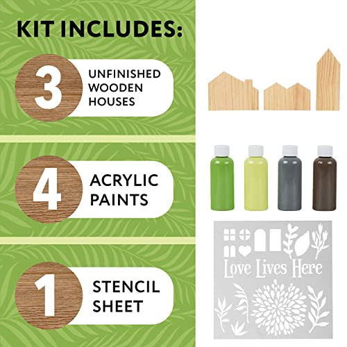DIY Wood Table Top House Painting Kit w/ Stencil for Flowers & More - DIY House Kit for Adults & Kids - Unfinished Wood Crafts w/ Acrylic Paint - IMPRESA
