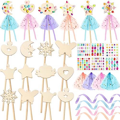 34 Pcs Make Your Own Princess Wand Kit 16 Unfinished Star Butterfly Crown Moon Fairy Wood Stick 6 Gem Stickers 4 Satin Ribbons 8 Mesh Decor for Queekay