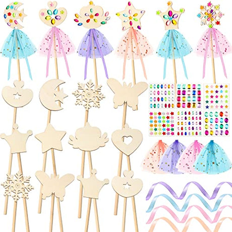 34 Pcs Make Your Own Princess Wand Kit 16 Unfinished Star Butterfly Crown Moon Fairy Wood Stick 6 Gem Stickers 4 Satin Ribbons 8 Mesh Decor for Queekay
