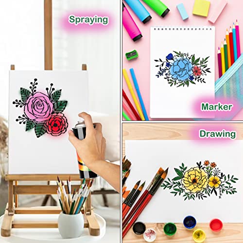 11Pcs Large Flower Stencils for Walls Canvas Fabric Craft, Floral Rose Stencil for Painting on Wood Reusable Magnolia Hibiscus Layering Paint yhslmh