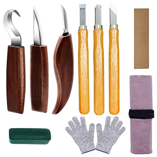 Qivine 10Pcs Wood Carving Tools Set, Walnut Handle & Metal Beginner Wood Carving Kit, Whittling Knives Set for All Levels, Wood Carving Knife Set - WoodArtSupply