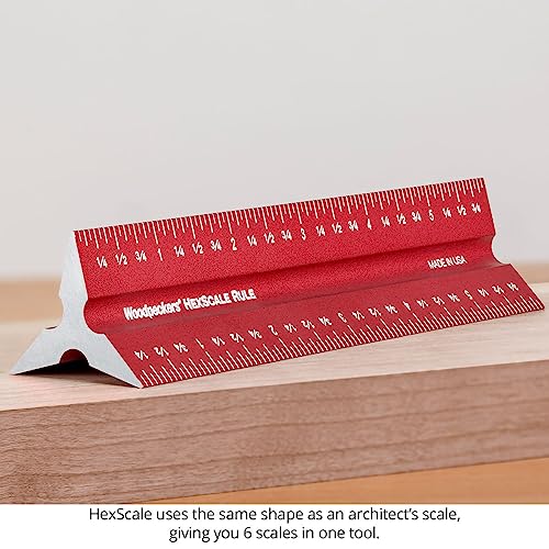 Woodpeckers Hexscale Rule, 12 Inch / 300MM, 6-in-1 Woodworking Ruler with Stop, Inch & MM Graduations, Zero Centering Scale, R2L & L2R Measuring Woodpeckers