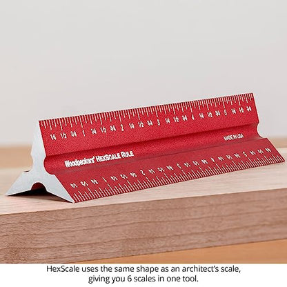 Woodpeckers Hexscale Rule, 12 Inch / 300MM, 6-in-1 Woodworking Ruler with Stop, Inch & MM Graduations, Zero Centering Scale, R2L & L2R Measuring - WoodArtSupply