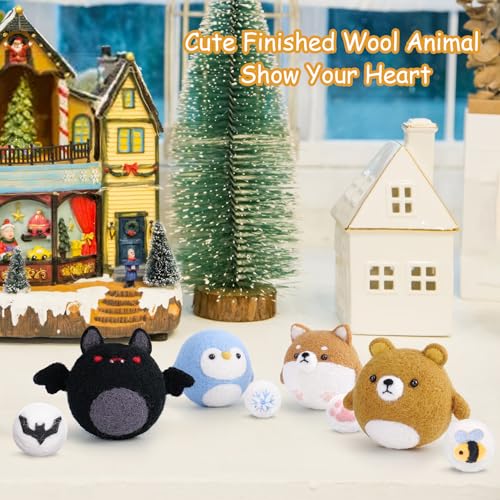 Achwishap Needle Felting Kit for Beginner Starter, 4 Sets of Wool Animal Needle Felting Materials, 8 Pieces Including 4 Animals and 4 Mini Balls,