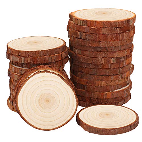 Fuyit Natural Wood Slices 30 Pcs 2.4-2.8 Inches Unfinished Wood Craft Kit Undrilled Wooden Circles Without Hole Tree Slice with Bark for Arts