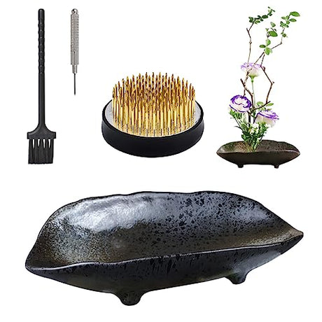 WANDIC Flower Arranging Supplies, Boat Shaped Ceramic Ikebana vases with 4cm Round Flower Frog for Ikebana Floral Arrangement Art Home Decoration, WANDIC