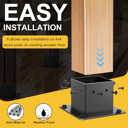 HONSREO 4x4 Post Base, 4Pcs Post Brackets (Inner Size 3.5"x3.5"), Black Powder-Coated Heavy Duty Steel Fence Post Anchor for Deck Porch Railing HONSREO