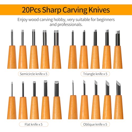 Wood Carving Tools Set - 20 Pcs Wood Carving Knife Set Beginner Kit Wood Whittling Kit with Canvas Case for Adults Children, Carving DIY Wood Carving JIAN