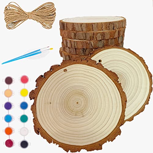 Natural Wood Slices Paint Set Supplies – 10 Pcs 3.5-4 inch Wood Rounds Acrylic Painting Kit, 2 Brushes, Palette - WoodArtSupply