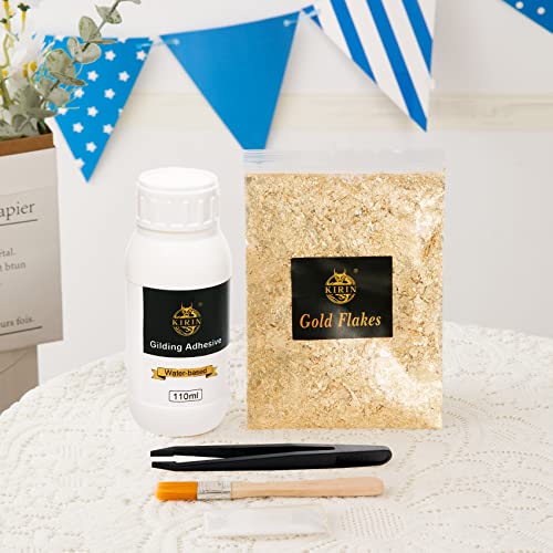 110ml Gilding Adhesive, 5g Gold Flakes Kit with The Gold Metal Leaf Adhesive, Epoxy Resin Water Based Glue for Gold Leafing Canvas,Gold Leaf KIRIN
