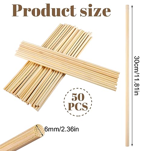 50 Pcs Dowel Rods, 1/4 x 12 Inch Wooden Dowels Craft Sticks Unfinished Natural Bamboo Doweling Rods for Crafts and DIYers