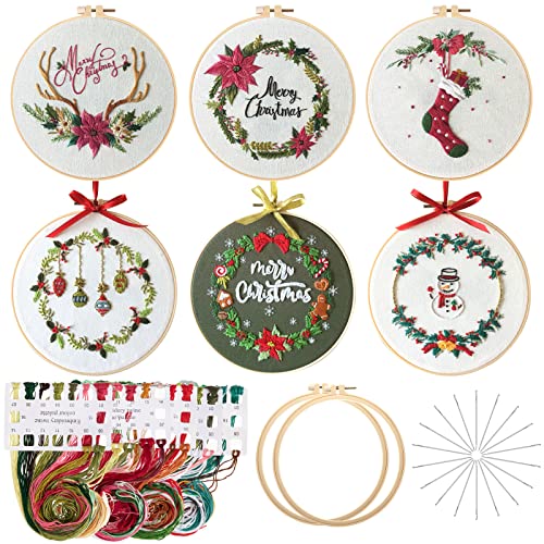 Canlierr 6 Sets Christmas Embroidery Kit with Pattern and Instructions Embroidery Starter Kit Embroidery Pattern Hoop Colored Threads Needlepoint Kit - WoodArtSupply