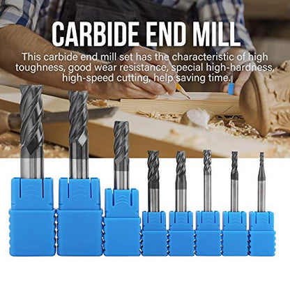 8pcs 2-12mm CNC Square Nose End Mills Set, Tungsten Carbide End Mill Bits, 4 Flutes Carbide End Mill Set Tungsten Steel Milling Cutter Tool Kit for
