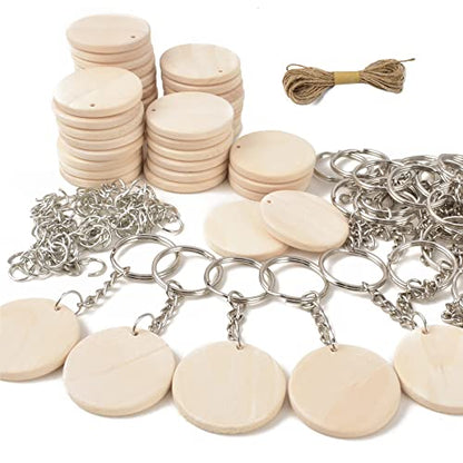 Happyay 30Pcs Natural Wood Slices, 1.5 inch Unfinished Wood Sign, Unfinished Predrilled Log Discs Wooden Circles with 30 pcs Key Rings for DIY Crafts