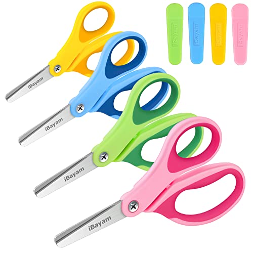 Kids Scissors, iBayam 5" Kid Scissors with Cover, Safety Small scissors, Student Blunt Tip Scissors for School Kids Age 4-7 8 9 10-12, Classroom - WoodArtSupply