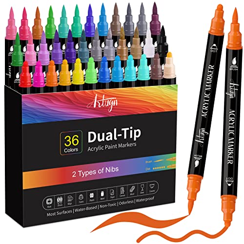 36 Colors Acrylic Paint Pens, Dual Tip Pens With Medium Brush Tip, Paint Markers for Rock Painting, Ceramic, Wood, Plastic, Calligraphy,