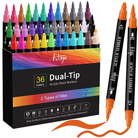36 Colors Acrylic Paint Pens, Dual Tip Pens With Medium Brush Tip, Paint Markers for Rock Painting, Ceramic, Wood, Plastic, Calligraphy, Artugn